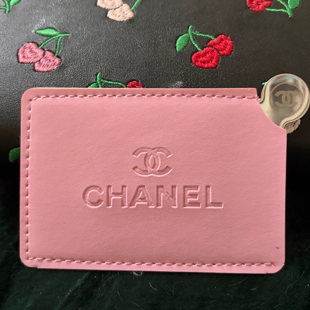 CHANEL travel size mirror with light pink leather case